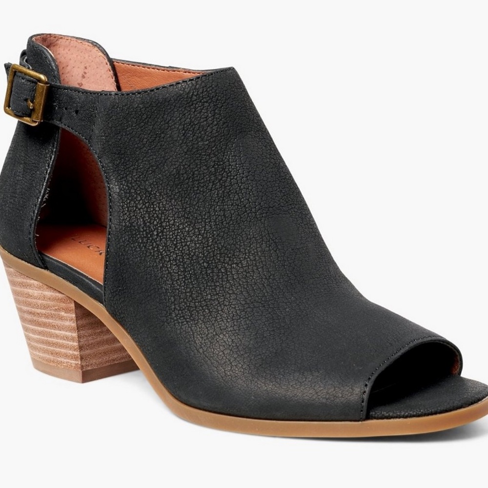 Lucky Brand Barimo Leather Open Toe Heeled Booties women’s size 8 Black